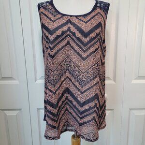 CAROL ROSE Navy Blue Pink Zig-Zag Floral Lace Sleeveless Blouse Top sz XL NWT